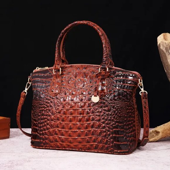 Elegant Brown Crocodile Embossed  Luxury Handbag Satchel Shoulder Bag - Picture 2 of 7